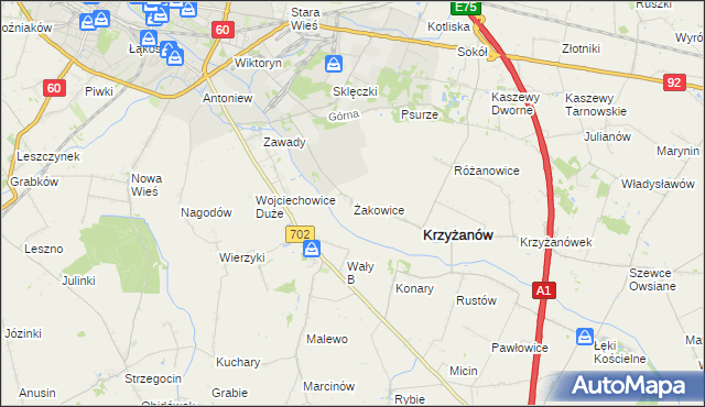 mapa Żakowice gmina Krzyżanów, Żakowice gmina Krzyżanów na mapie Targeo