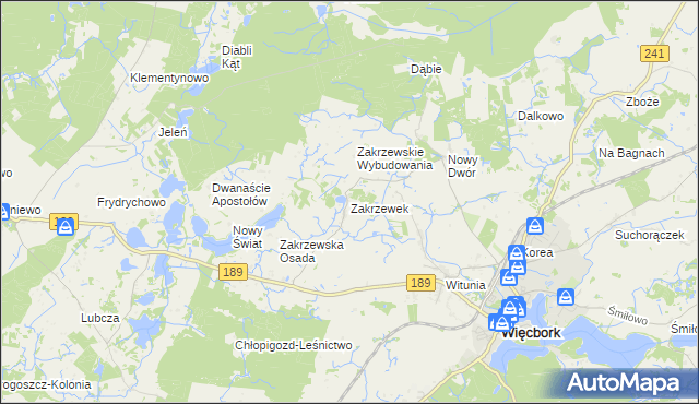 mapa Zakrzewek gmina Więcbork, Zakrzewek gmina Więcbork na mapie Targeo