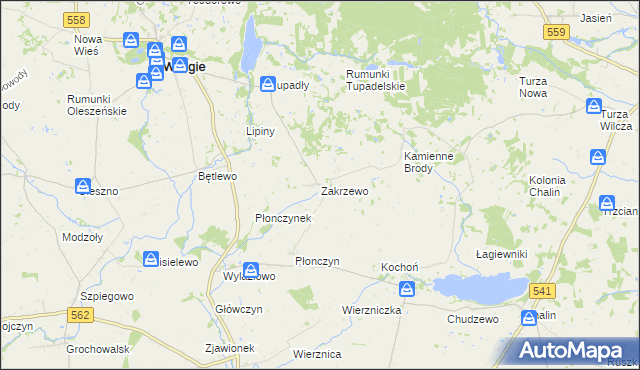 mapa Zakrzewo gmina Wielgie, Zakrzewo gmina Wielgie na mapie Targeo