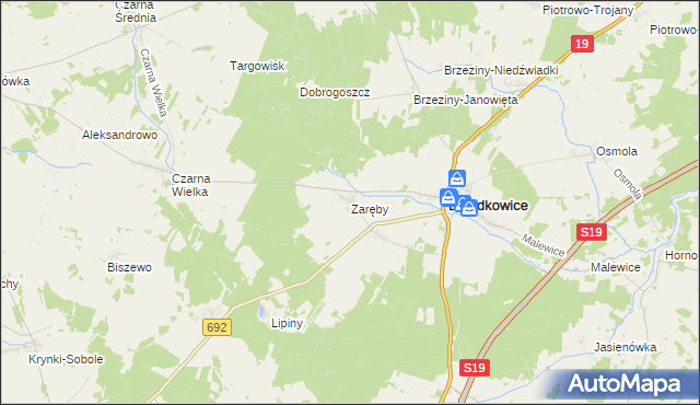 mapa Zaręby gmina Dziadkowice, Zaręby gmina Dziadkowice na mapie Targeo
