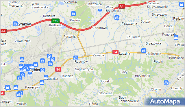 mapa Zawada gmina Dębica, Zawada gmina Dębica na mapie Targeo