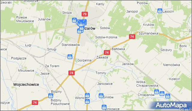 mapa Zawada gmina Ożarów, Zawada gmina Ożarów na mapie Targeo