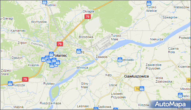 mapa Zawada gmina Połaniec, Zawada gmina Połaniec na mapie Targeo
