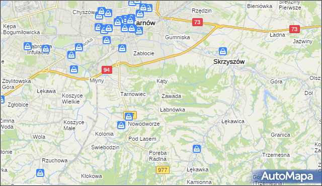 mapa Zawada gmina Tarnów, Zawada gmina Tarnów na mapie Targeo
