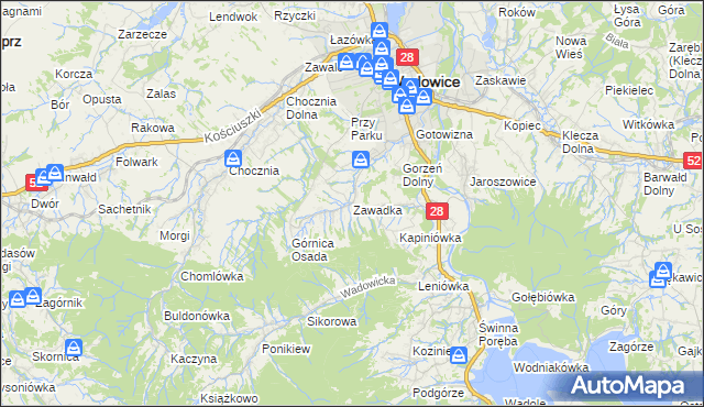 mapa Zawadka gmina Wadowice, Zawadka gmina Wadowice na mapie Targeo