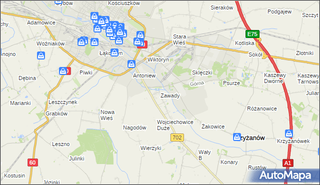 mapa Zawady gmina Krzyżanów, Zawady gmina Krzyżanów na mapie Targeo