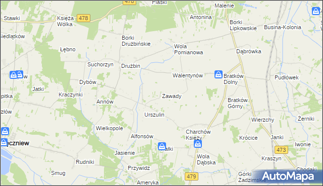 mapa Zawady gmina Zadzim, Zawady gmina Zadzim na mapie Targeo