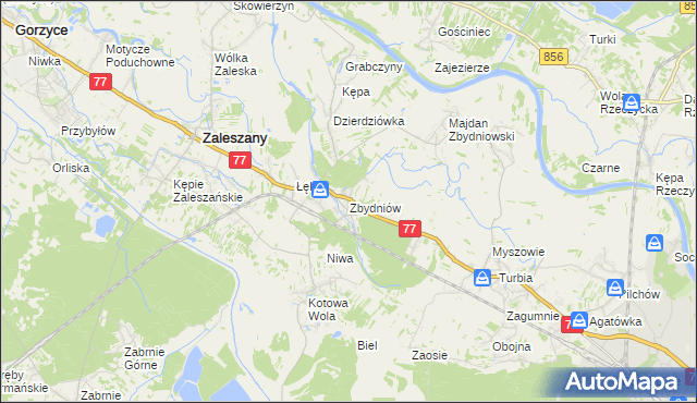 mapa Zbydniów gmina Zaleszany, Zbydniów gmina Zaleszany na mapie Targeo