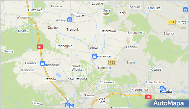 mapa Żelisławice gmina Siewierz, Żelisławice gmina Siewierz na mapie Targeo