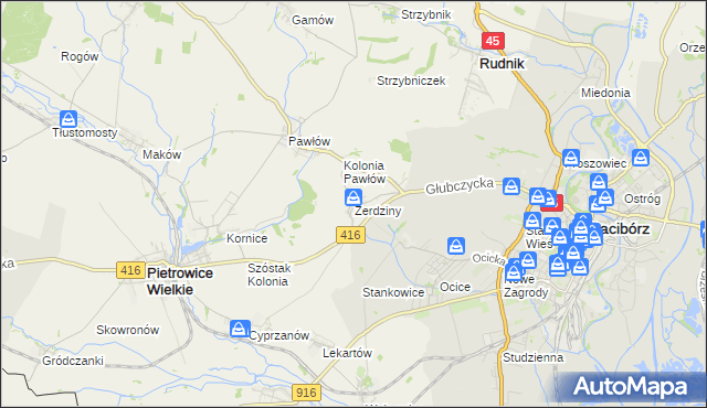 mapa Żerdziny gmina Pietrowice Wielkie, Żerdziny gmina Pietrowice Wielkie na mapie Targeo