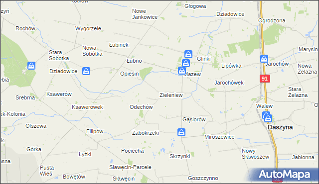 mapa Zieleniew gmina Daszyna, Zieleniew gmina Daszyna na mapie Targeo