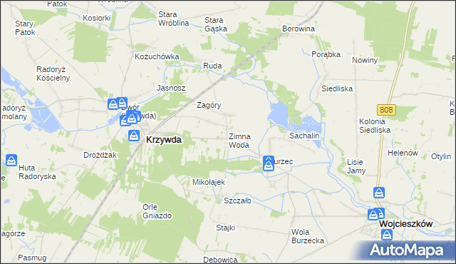 mapa Zimna Woda gmina Krzywda, Zimna Woda gmina Krzywda na mapie Targeo