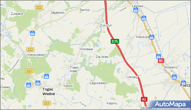 mapa Zła Wieś gmina Trąbki Wielkie, Zła Wieś gmina Trąbki Wielkie na mapie Targeo