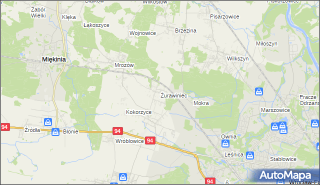 mapa Żurawiniec gmina Miękinia, Żurawiniec gmina Miękinia na mapie Targeo