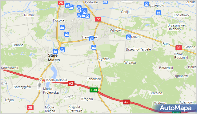 mapa Żychlin gmina Stare Miasto, Żychlin gmina Stare Miasto na mapie Targeo