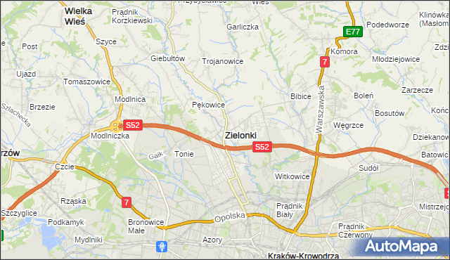 mapa Zielonki powiat krakowski, Zielonki powiat krakowski na mapie Targeo