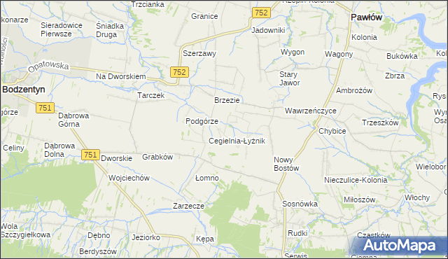 mapa Modrzewie gmina Pawłów, Modrzewie gmina Pawłów na mapie Targeo