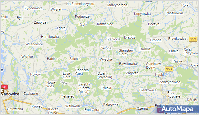 mapa Wysoka gmina Wadowice, Wysoka gmina Wadowice na mapie Targeo