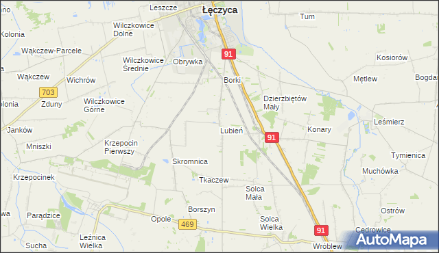 mapa Lubień gmina Łęczyca, Lubień gmina Łęczyca na mapie Targeo