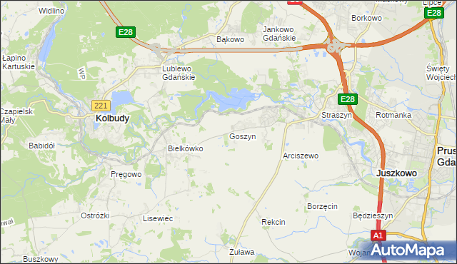 mapa Goszyn gmina Pruszcz Gdański, Goszyn gmina Pruszcz Gdański na mapie Targeo