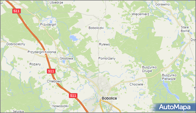 mapa Pomorzany gmina Bobolice, Pomorzany gmina Bobolice na mapie Targeo