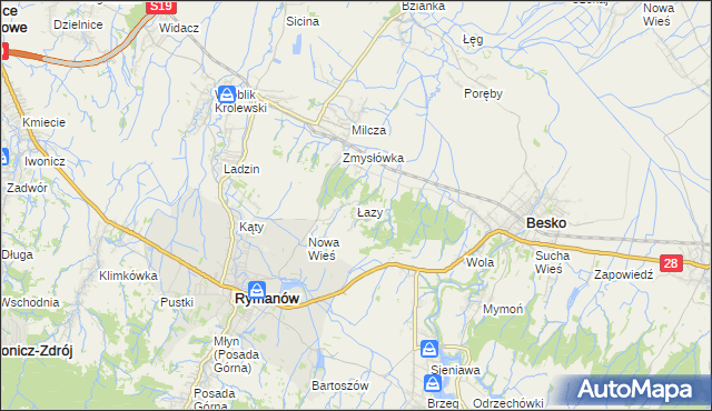 mapa Łazy gmina Rymanów, Łazy gmina Rymanów na mapie Targeo