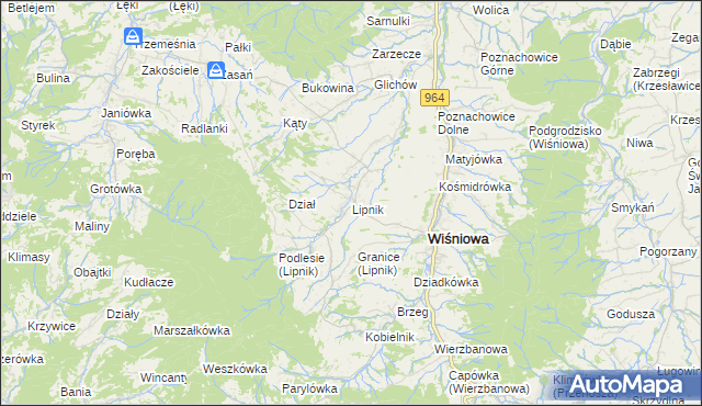 mapa Lipnik gmina Wiśniowa, Lipnik gmina Wiśniowa na mapie Targeo