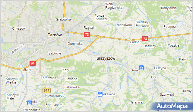 mapa Skrzyszów powiat tarnowski, Skrzyszów powiat tarnowski na mapie Targeo
