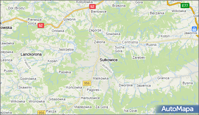 mapa Sułkowice powiat myślenicki, Sułkowice powiat myślenicki na mapie Targeo