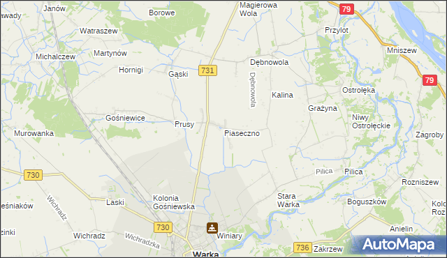 mapa Piaseczno gmina Warka, Piaseczno gmina Warka na mapie Targeo