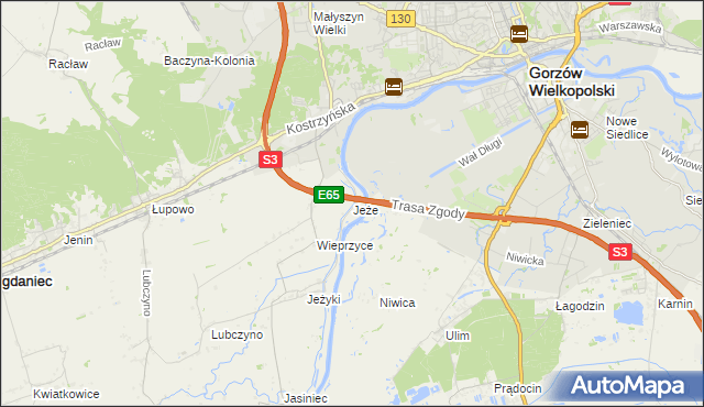 mapa Jeże gmina Bogdaniec, Jeże gmina Bogdaniec na mapie Targeo