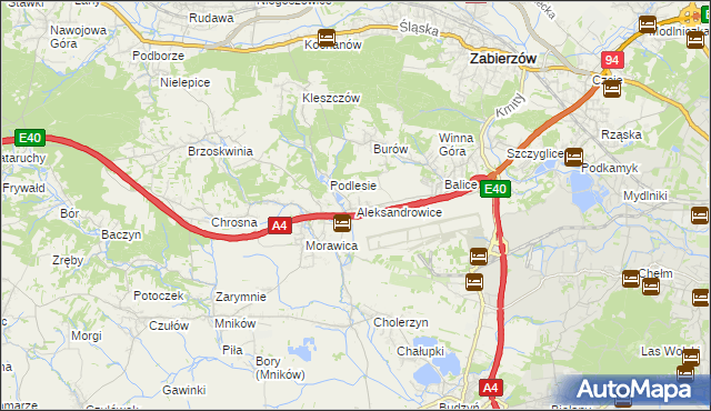 mapa Aleksandrowice gmina Zabierzów, Aleksandrowice gmina Zabierzów na mapie Targeo