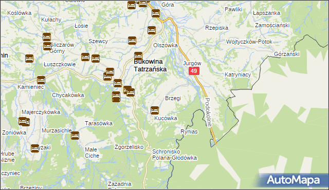 mapa Brzegi gmina Bukowina Tatrzańska, Brzegi gmina Bukowina Tatrzańska na mapie Targeo