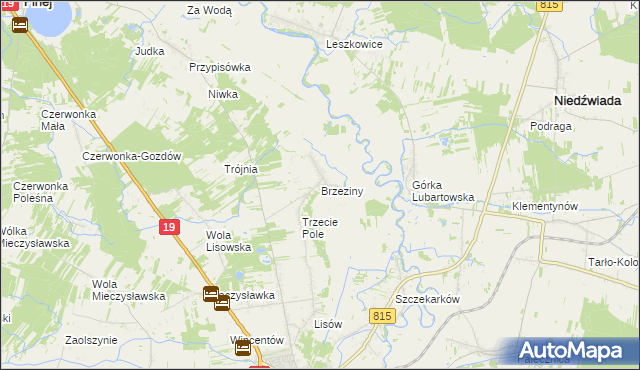 mapa Brzeziny gmina Lubartów, Brzeziny gmina Lubartów na mapie Targeo