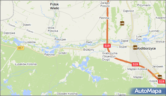 mapa Brzeziny gmina Modliborzyce, Brzeziny gmina Modliborzyce na mapie Targeo