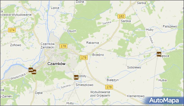 mapa Brzeźno gmina Czarnków, Brzeźno gmina Czarnków na mapie Targeo