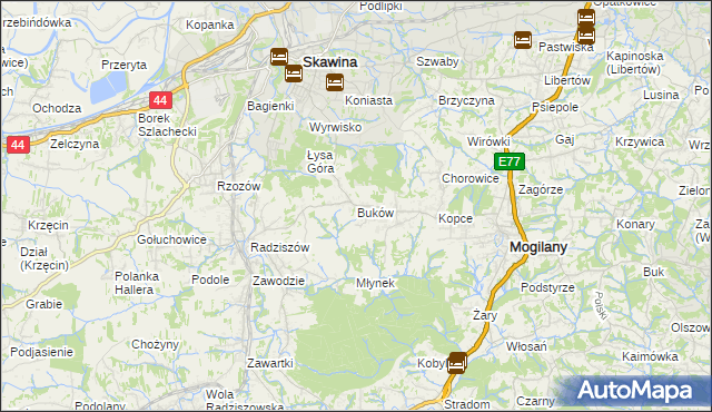 mapa Buków gmina Mogilany, Buków gmina Mogilany na mapie Targeo