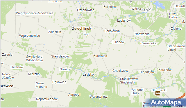mapa Bukowiec gmina Żelechlinek, Bukowiec gmina Żelechlinek na mapie Targeo