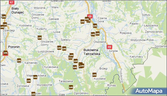 mapa Bukowina Tatrzańska, Bukowina Tatrzańska na mapie Targeo