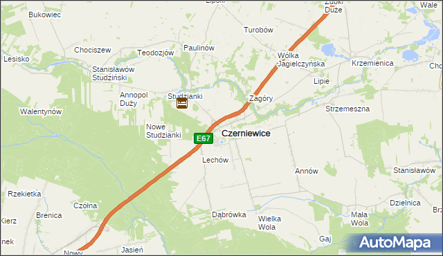 mapa Czerniewice powiat tomaszowski, Czerniewice powiat tomaszowski na mapie Targeo