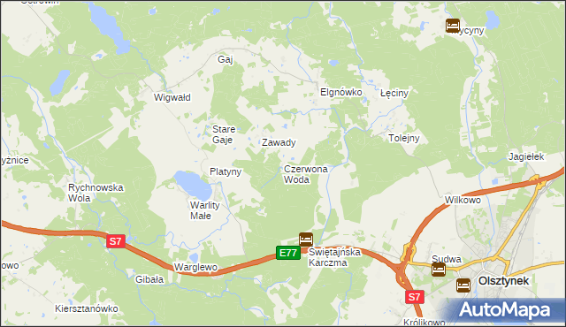 mapa Czerwona Woda gmina Olsztynek, Czerwona Woda gmina Olsztynek na mapie Targeo