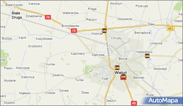 mapa Dąbrowa gmina Wieluń, Dąbrowa gmina Wieluń na mapie Targeo