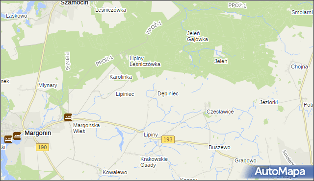 mapa Dębiniec gmina Margonin, Dębiniec gmina Margonin na mapie Targeo