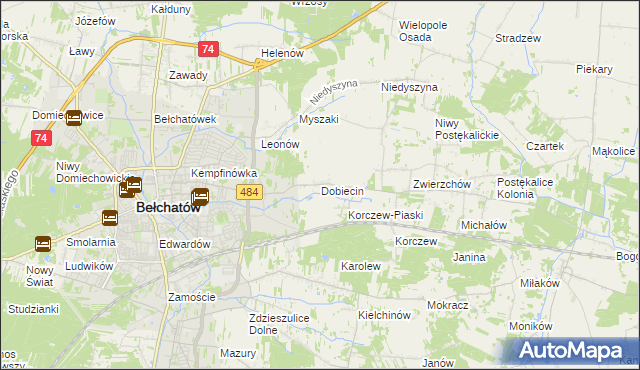 mapa Dobiecin gmina Bełchatów, Dobiecin gmina Bełchatów na mapie Targeo
