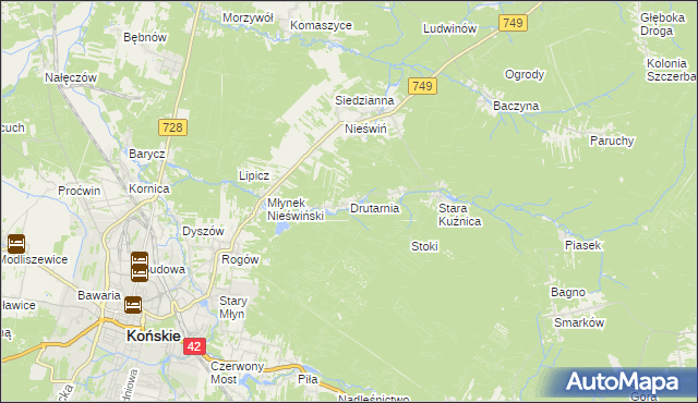 mapa Drutarnia gmina Końskie, Drutarnia gmina Końskie na mapie Targeo