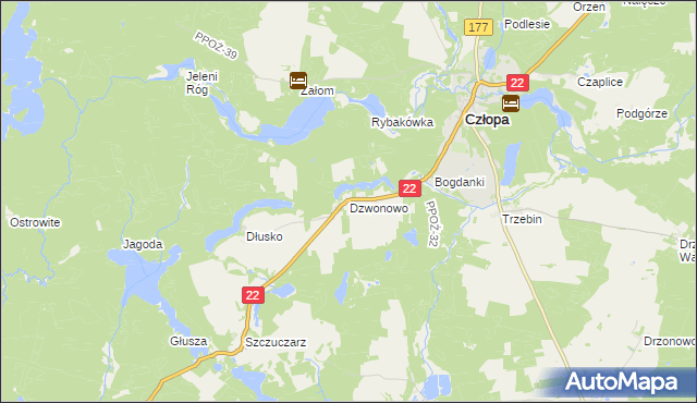 mapa Dzwonowo gmina Człopa, Dzwonowo gmina Człopa na mapie Targeo