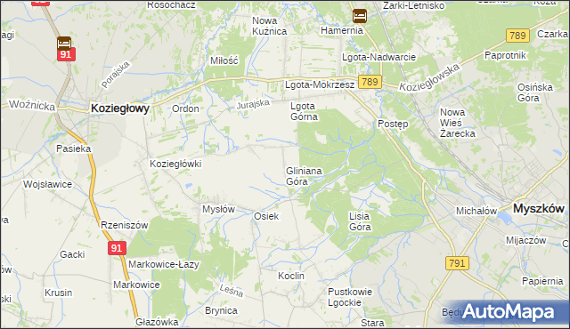 mapa Gliniana Góra gmina Koziegłowy, Gliniana Góra gmina Koziegłowy na mapie Targeo