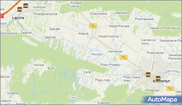 mapa Hucisko gmina Bodzentyn, Hucisko gmina Bodzentyn na mapie Targeo