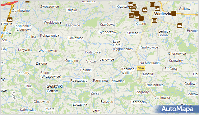 mapa Janowice gmina Wieliczka, Janowice gmina Wieliczka na mapie Targeo