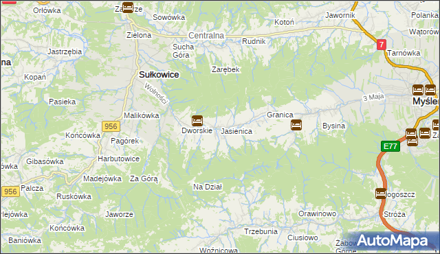 mapa Jasienica gmina Myślenice, Jasienica gmina Myślenice na mapie Targeo